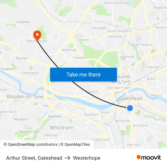 Arthur Street, Gateshead to Westerhope map