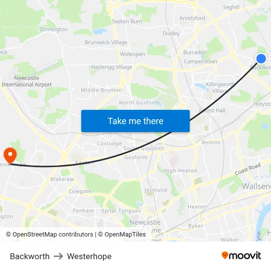 Backworth to Westerhope map