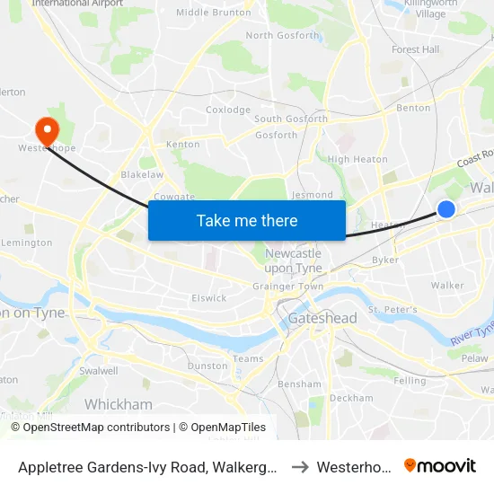 Appletree Gardens-Ivy Road, Walkergate to Westerhope map