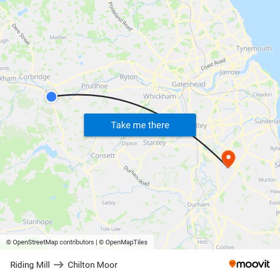 Riding Mill to Chilton Moor map