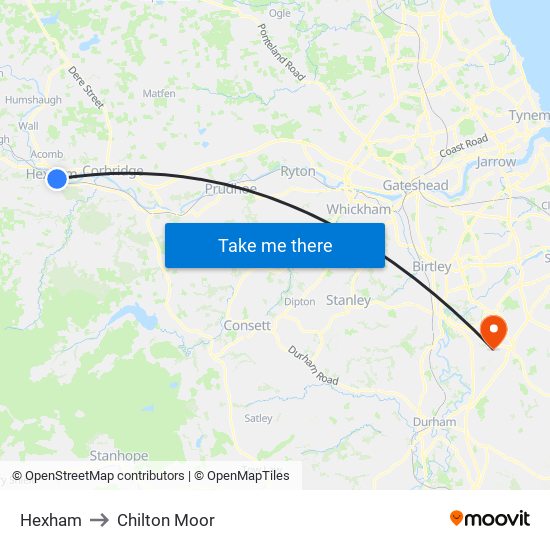 Hexham to Chilton Moor map