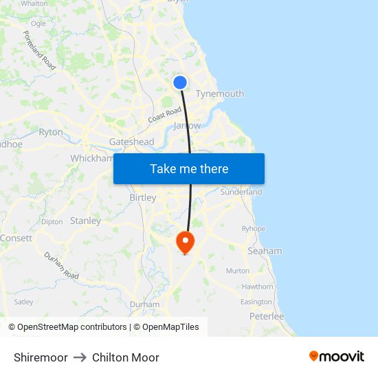 Shiremoor to Chilton Moor map