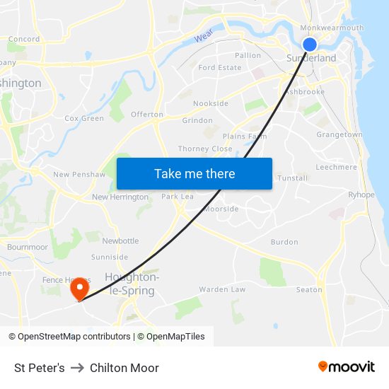 St Peter's to Chilton Moor map