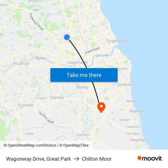 Wagonway Drive, Great Park to Chilton Moor map