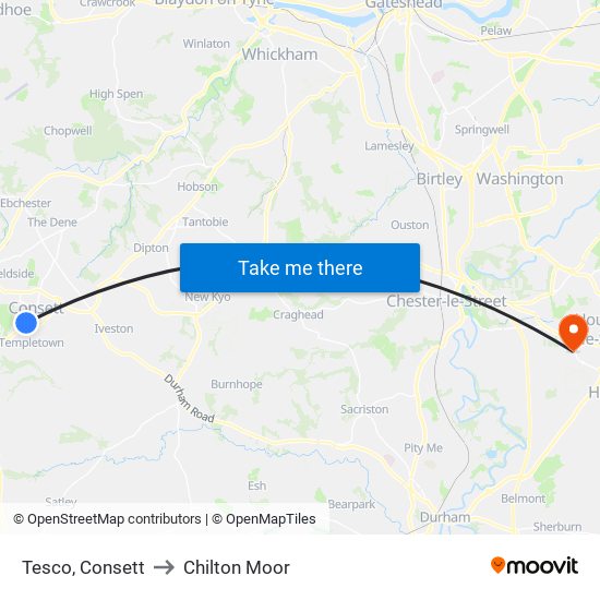 Tesco, Consett to Chilton Moor map