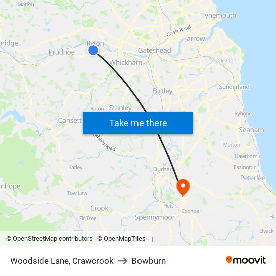 Woodside Lane, Crawcrook to Bowburn map