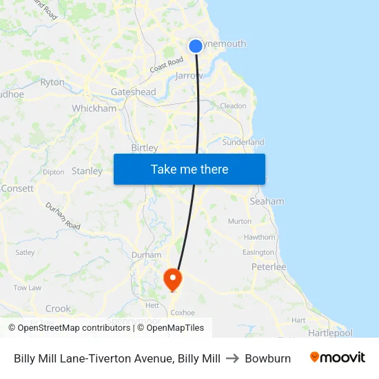 Billy Mill Lane-Tiverton Avenue, Billy Mill to Bowburn map