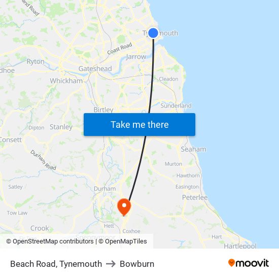 Beach Road, Tynemouth to Bowburn map