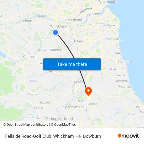 Fellside Road-Golf Club, Whickham to Bowburn map