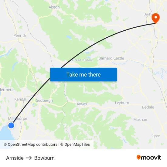 Arnside to Bowburn map