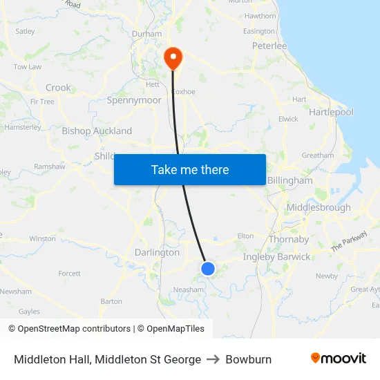 Middleton Hall, Middleton St George to Bowburn map