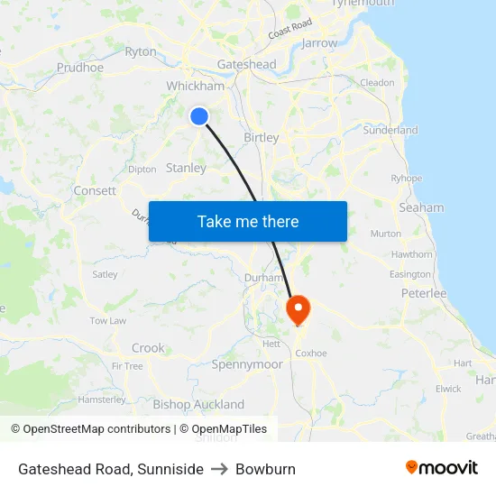 Gateshead Road, Sunniside to Bowburn map