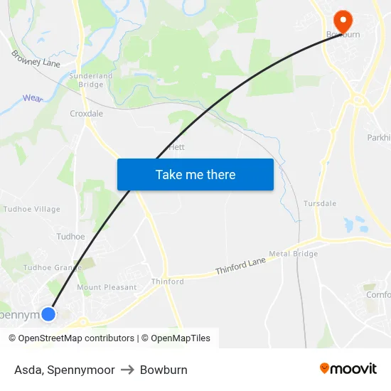 Asda, Spennymoor to Bowburn map
