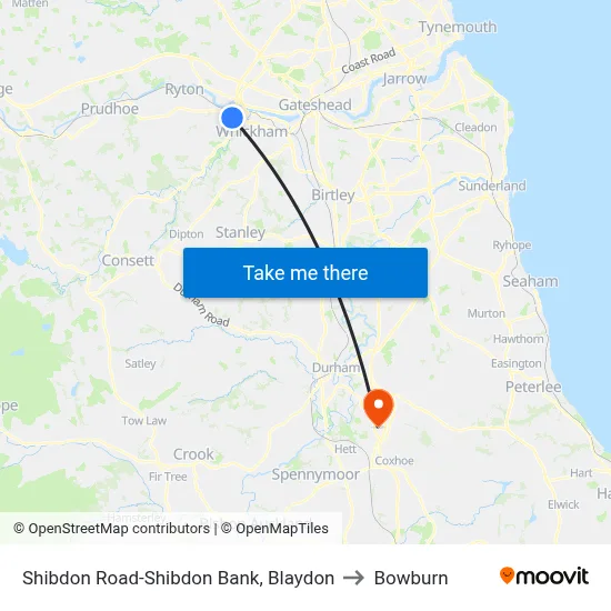 Shibdon Road-Shibdon Bank, Blaydon to Bowburn map
