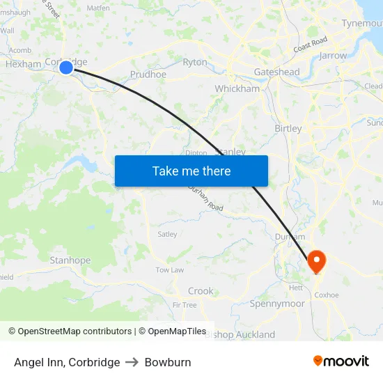 Angel Inn, Corbridge to Bowburn map