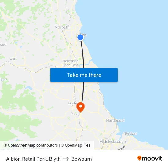Albion Retail Park, Blyth to Bowburn map