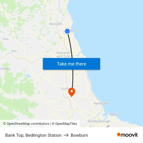 Bank Top, Bedlington Station to Bowburn map