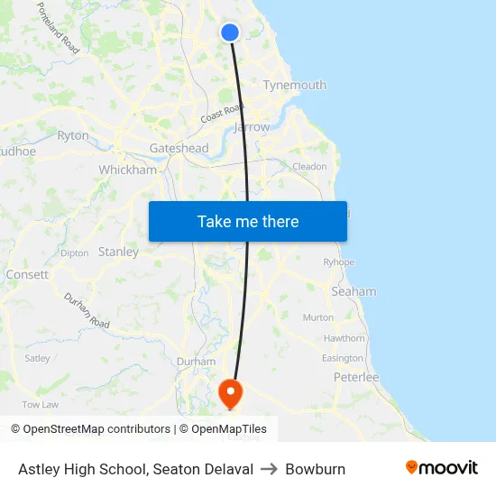 Astley High School, Seaton Delaval to Bowburn map