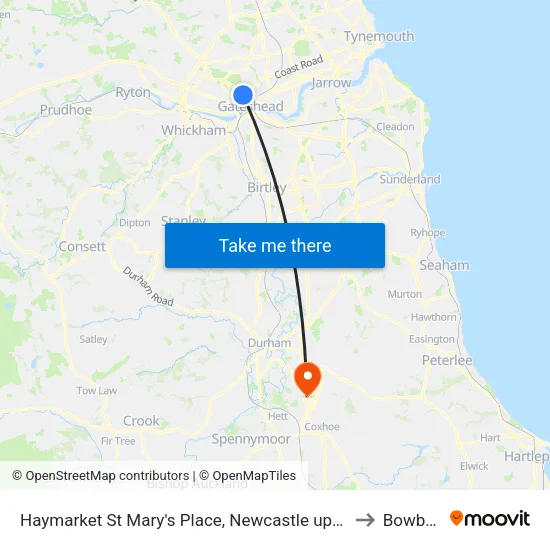 Haymarket St Mary's Place, Newcastle upon Tyne to Bowburn map