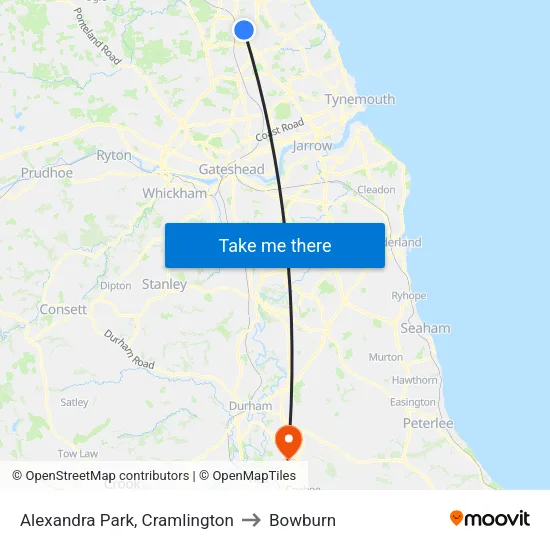 Alexandra Park, Cramlington to Bowburn map