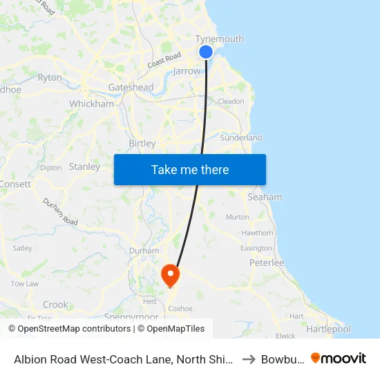 Albion Road West-Coach Lane, North Shields to Bowburn map