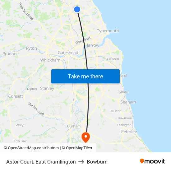 Astor Court, East Cramlington to Bowburn map