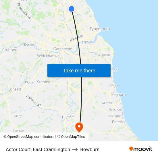 Astor Court, East Cramlington to Bowburn map