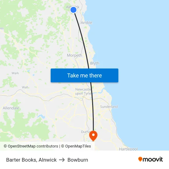 Barter Books, Alnwick to Bowburn map