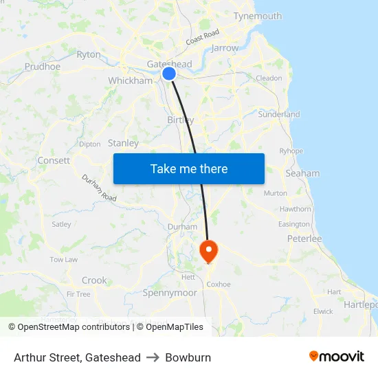 Arthur Street, Gateshead to Bowburn map