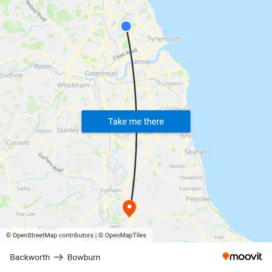 Backworth to Bowburn map