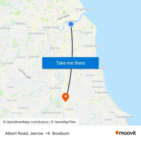Albert Road, Jarrow to Bowburn map