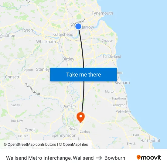 Wallsend Metro Interchange, Wallsend to Bowburn map