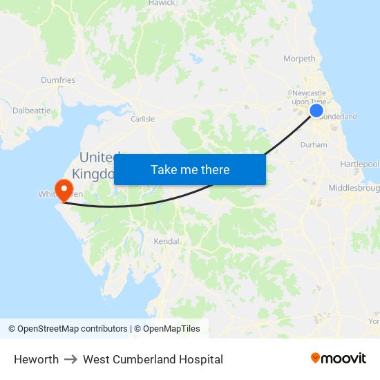 Heworth to West Cumberland Hospital map