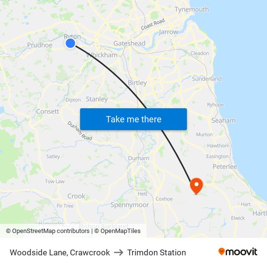 Woodside Lane, Crawcrook to Trimdon Station map