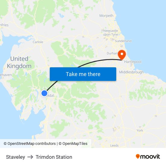 Staveley to Trimdon Station map