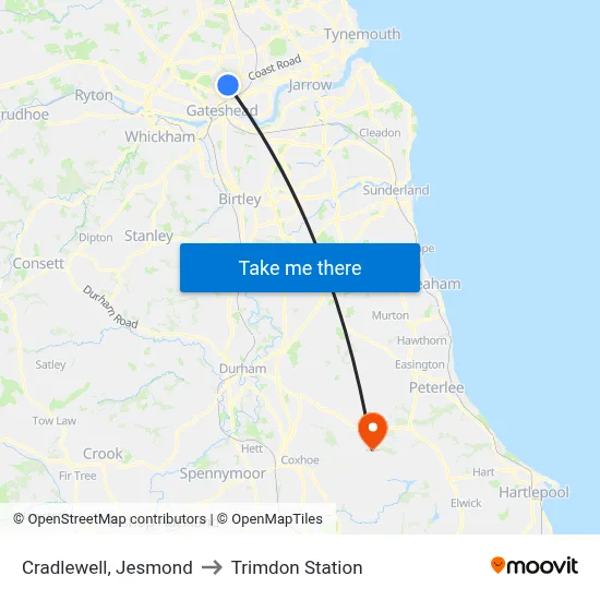 Cradlewell, Jesmond to Trimdon Station map