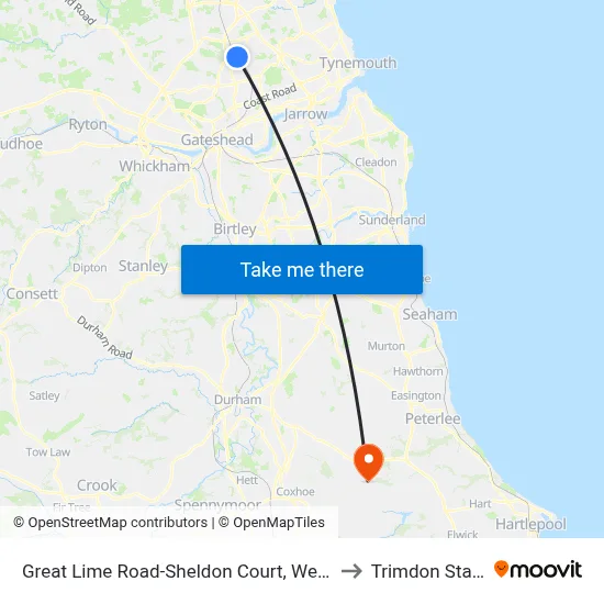 Great Lime Road-Sheldon Court, West Moor to Trimdon Station map