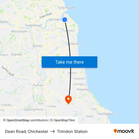Dean Road, Chichester to Trimdon Station map