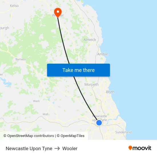 Newcastle Upon Tyne to Wooler map