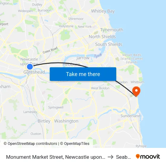 Monument Market Street, Newcastle upon Tyne to Seaburn map