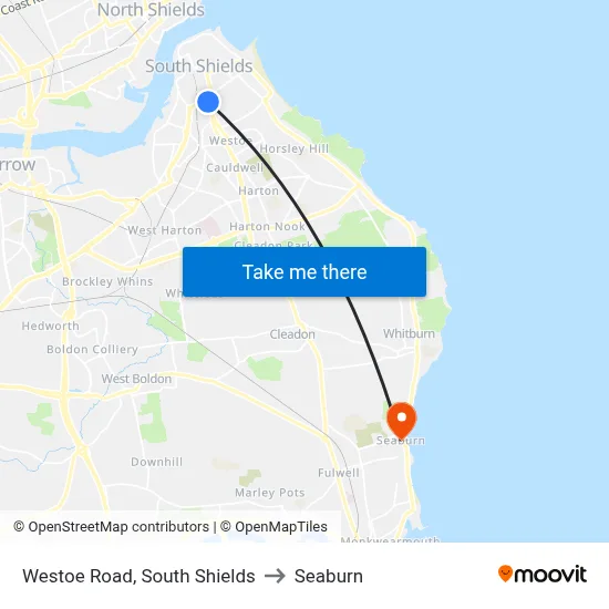 Westoe Road, South Shields to Seaburn map
