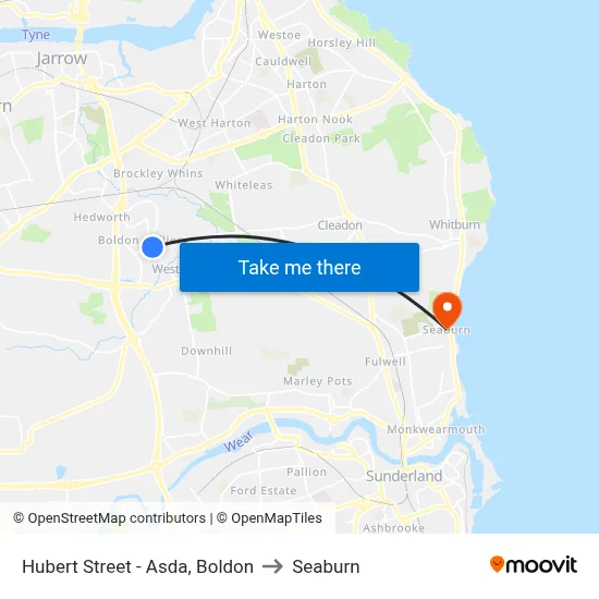 Hubert Street - Asda, Boldon to Seaburn map