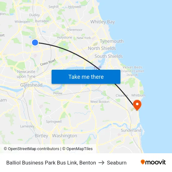 Balliol Business Park Bus Link, Benton to Seaburn map