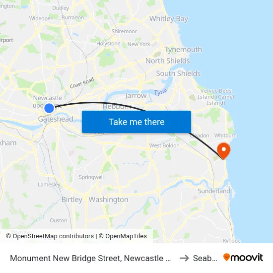 Monument New Bridge Street, Newcastle upon Tyne to Seaburn map
