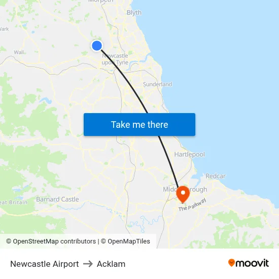 Newcastle Airport to Acklam map