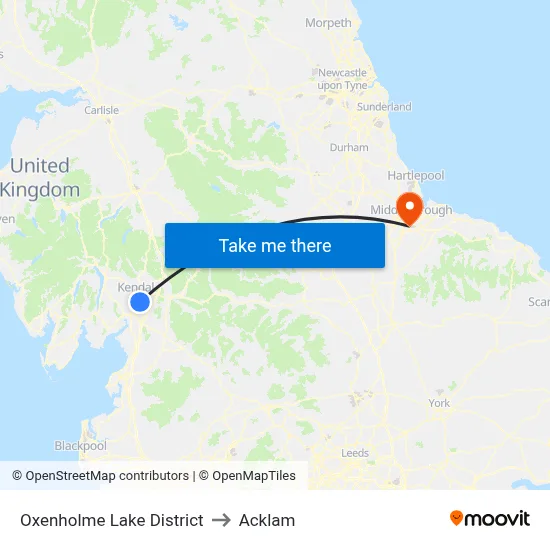 Oxenholme Lake District to Acklam map