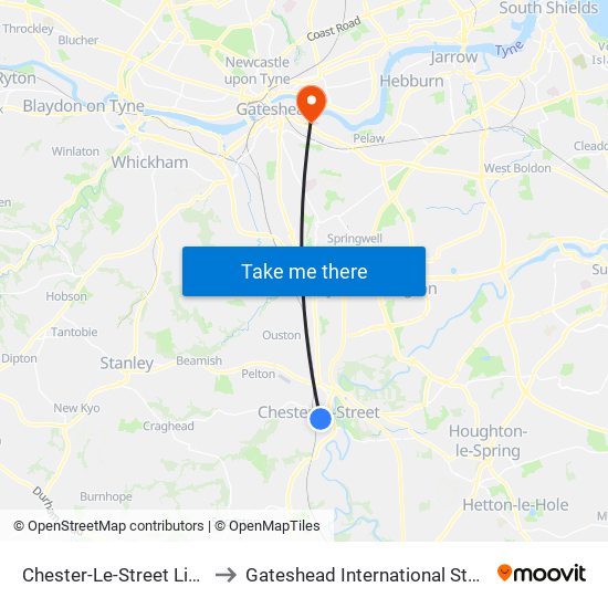 Chester-Le-Street Library to Gateshead International Stadium map