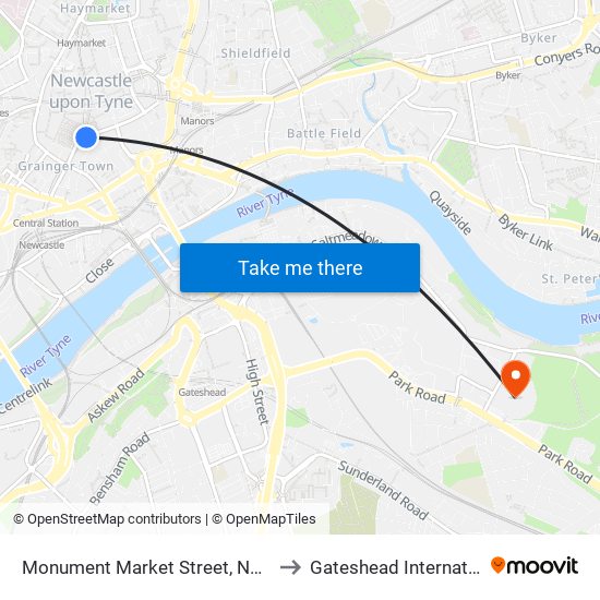 Monument Market Street, Newcastle upon Tyne to Gateshead International Stadium map