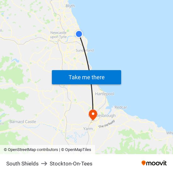 South Shields to Stockton-On-Tees map