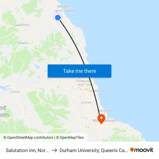 Salutation Inn, Norham to Durham University, Queen's Campus map